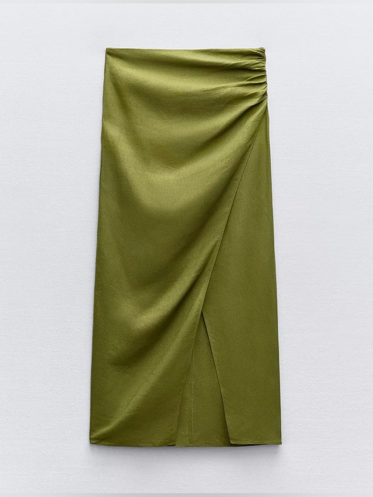 Zara Ruched Linen Blend Midi Skirt. Xl - Green Midi Wrap Skirt